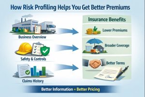 Infographic showing how risk profiling, including business overview, safety controls, and claims history, leads to better insurance premiums and improved policy terms.